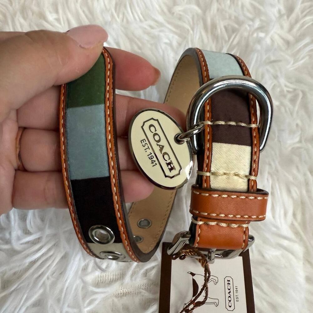 NWB y2k COACH Legacy Stripe Leather Dog Collar XS w COACH Charm Limited Ed Rare - Picture 3 of 10